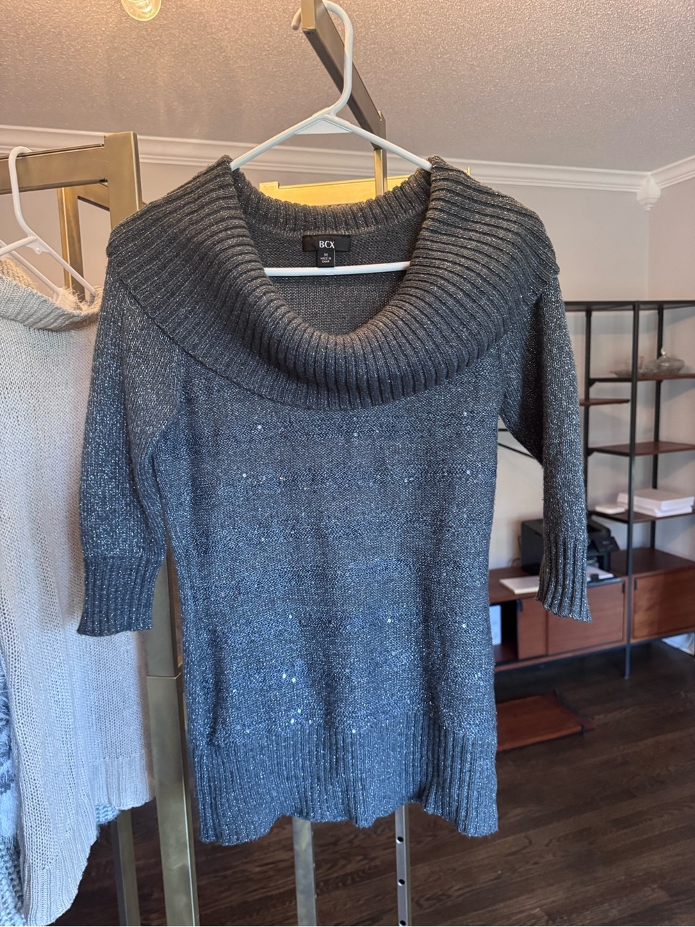 BCX Charcoal Gray Metallic Cowl Neck Sweater